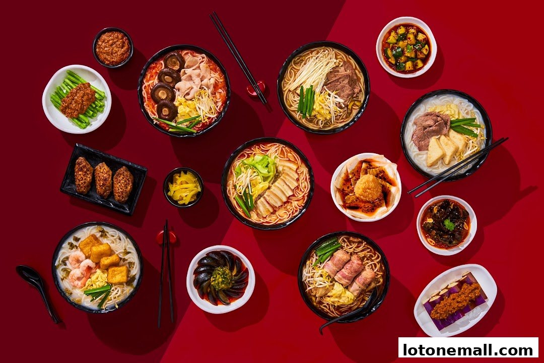 A vibrant overhead shot of various noodle bowls and side dishes arranged on a red background.