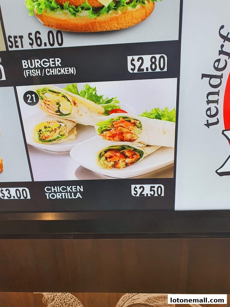 A menu display showing a burger set, a burger, and chicken tortillas with prices.