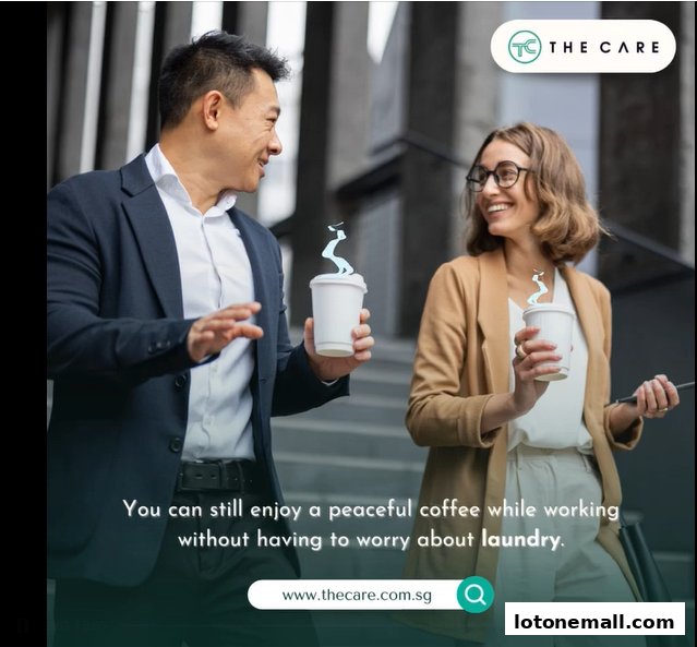 Two professionals enjoying coffee, with text about worry-free laundry services.