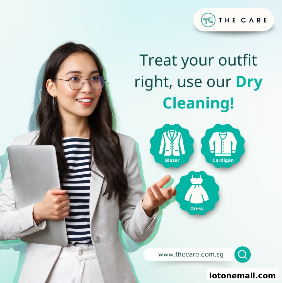 A woman holding a laptop, with icons for dry cleaning services for a blazer, cardigan, and dress.