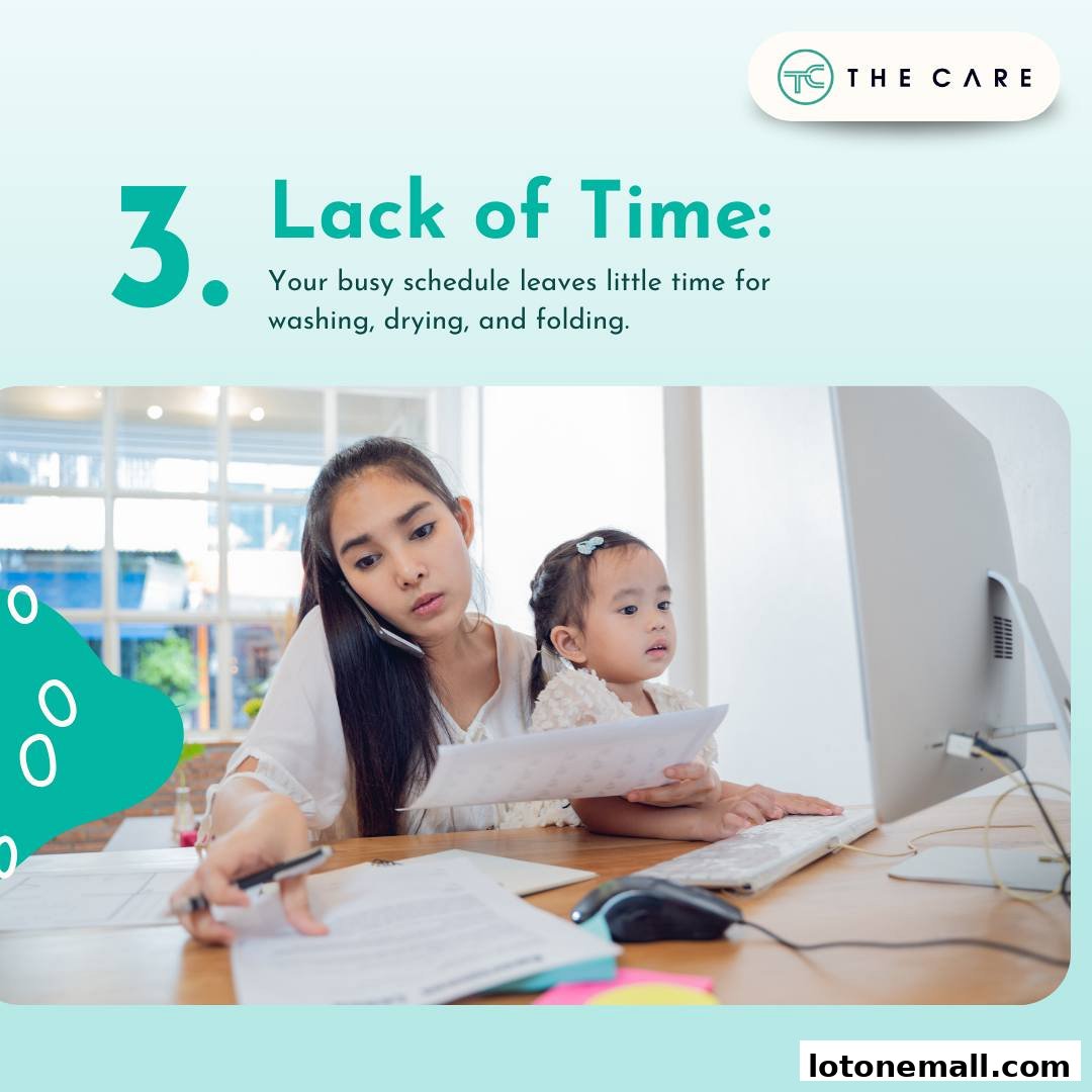 A busy mother with her child is overwhelmed with work, highlighting a lack of time for laundry.