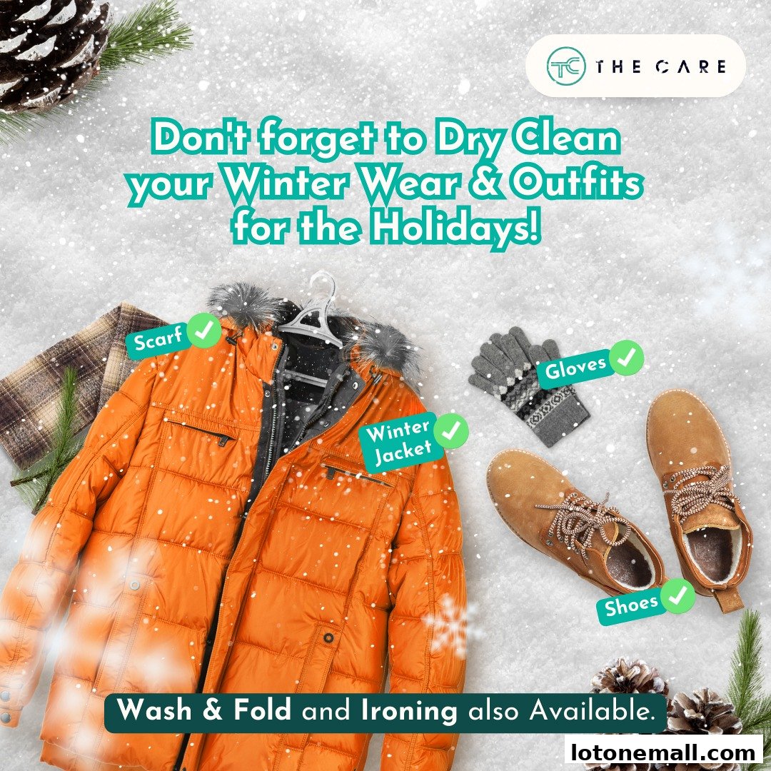 Winter clothing items like a jacket, scarf, gloves, and shoes are displayed with text about dry cleaning services.