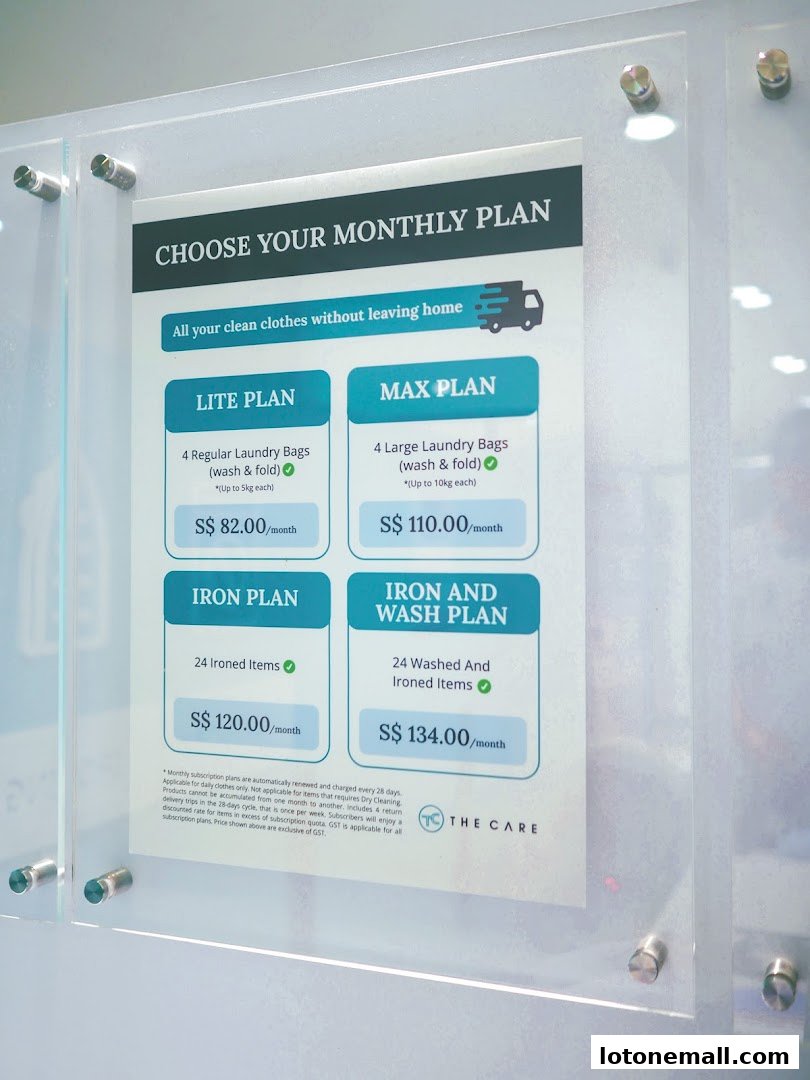 A sign displaying monthly laundry plans with prices and details.