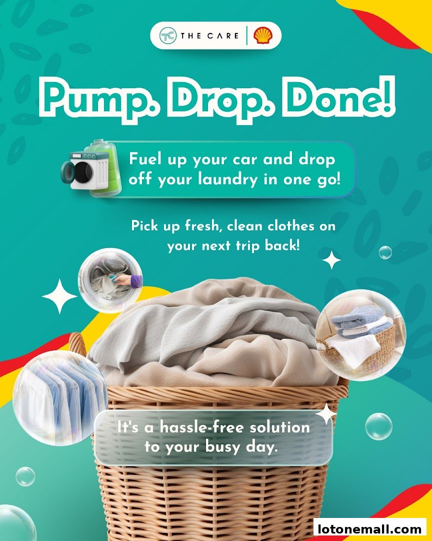 An advertisement for The Care Laundry, promoting a convenient laundry service at a gas station.