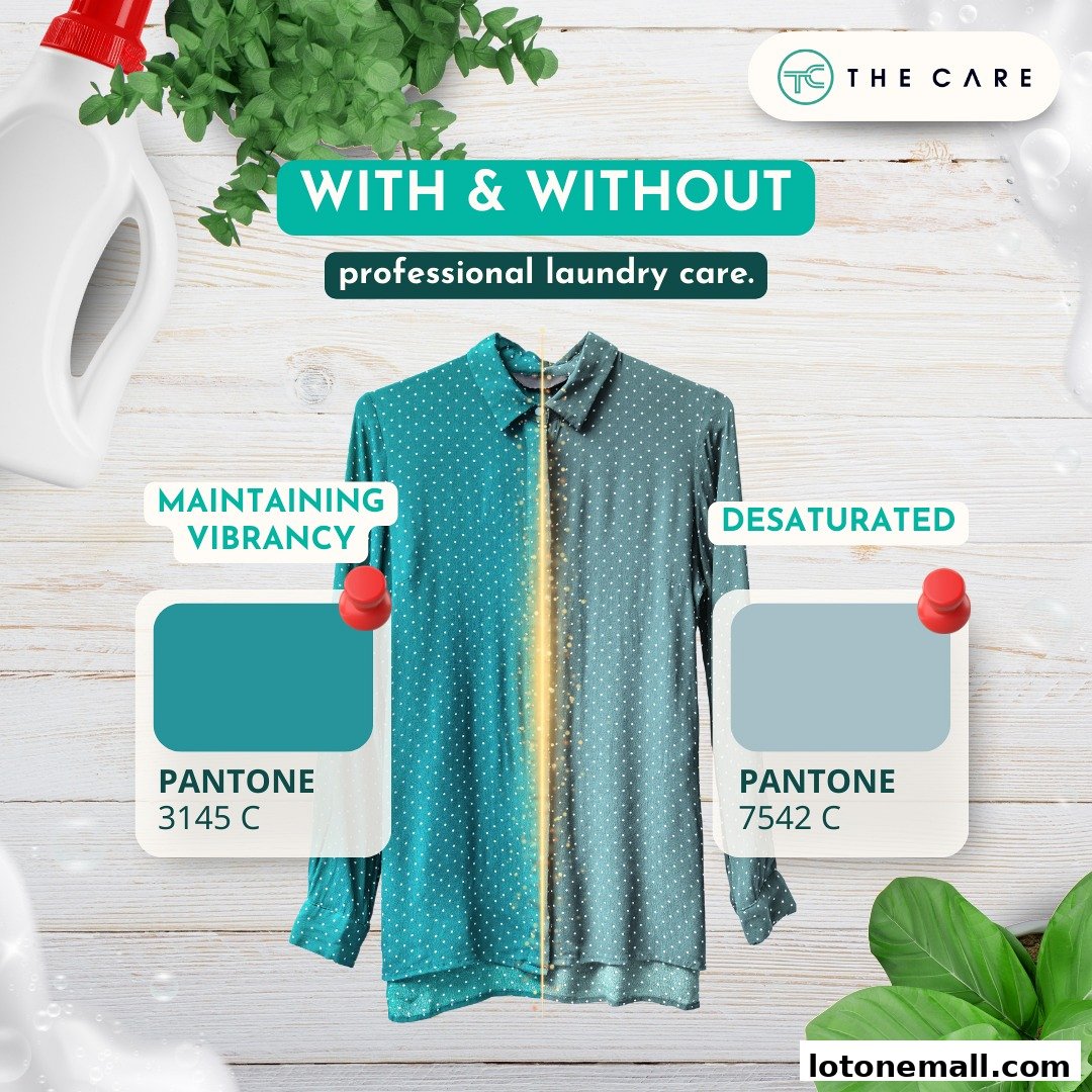 A shirt is shown split in half, demonstrating vibrancy maintenance versus desaturation with professional laundry care.
