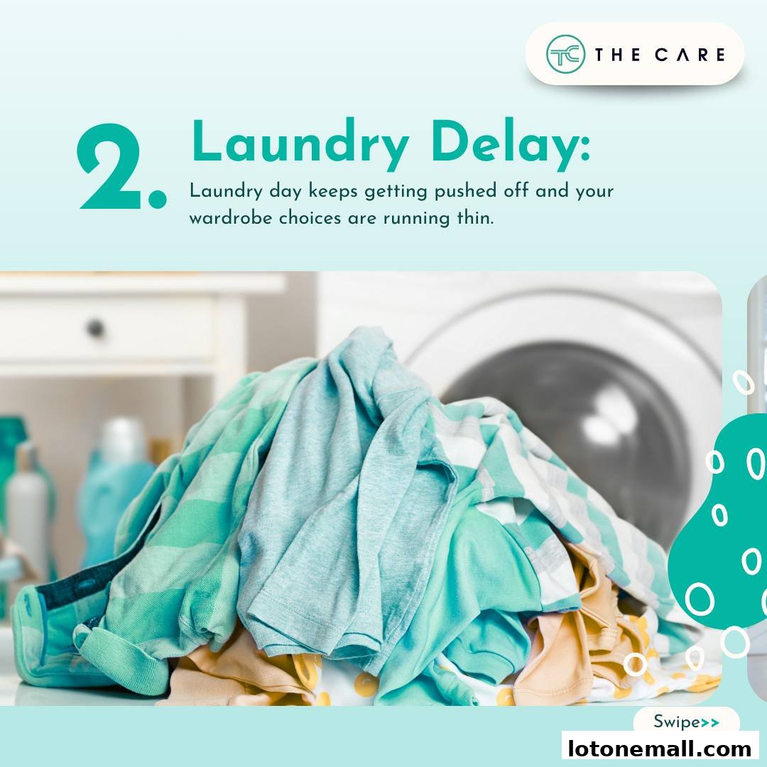 A pile of laundry sits in front of a washing machine, with text about laundry delays.