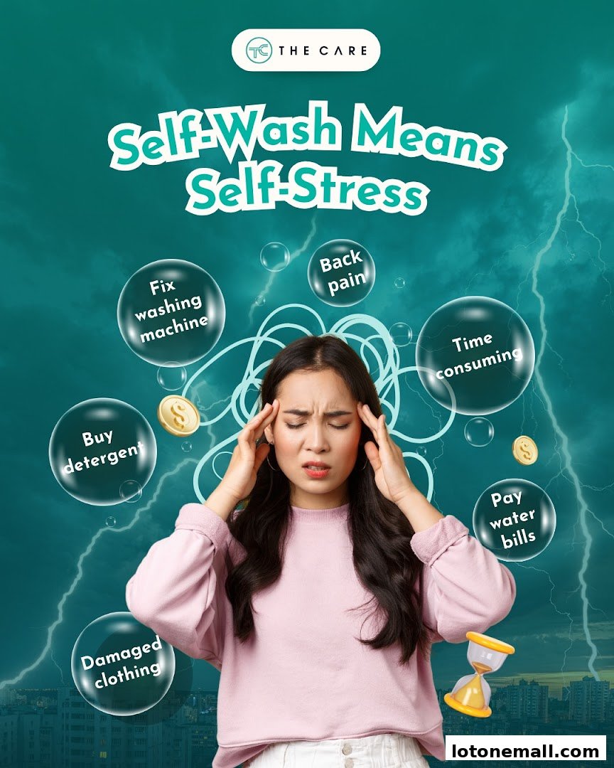 A distressed woman holds her head, surrounded by bubbles listing laundry-related stresses.
