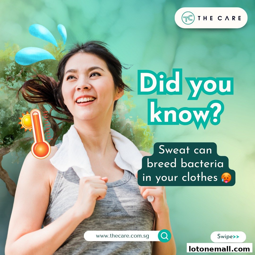 A woman with a towel around her neck smiles, with text about sweat and bacteria.