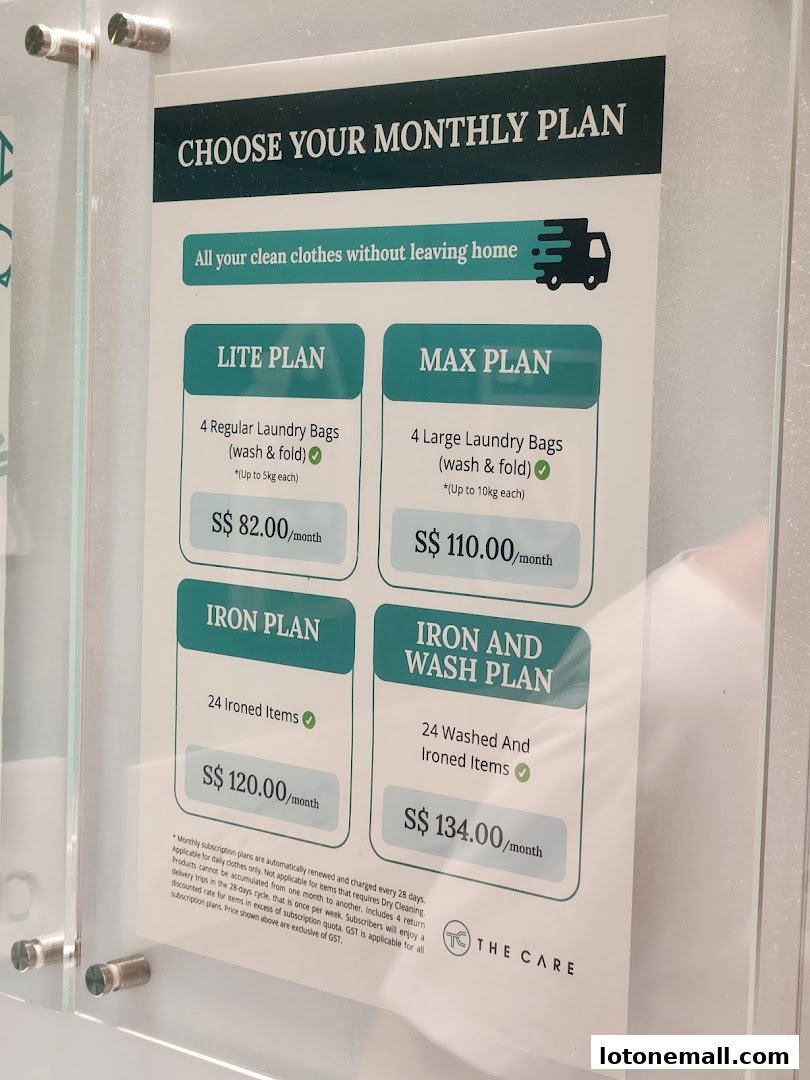 A sign displaying monthly laundry plans with prices and details.