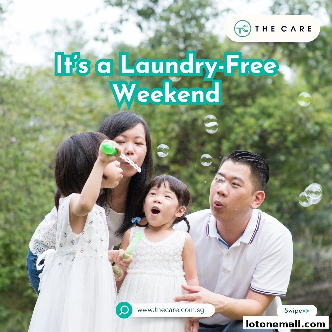 A family enjoys a laundry-free weekend blowing bubbles outdoors.