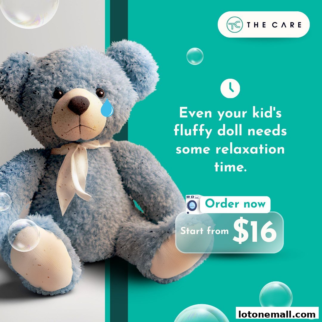 A blue teddy bear with a sad face and a crying emoji, next to text about laundry services.