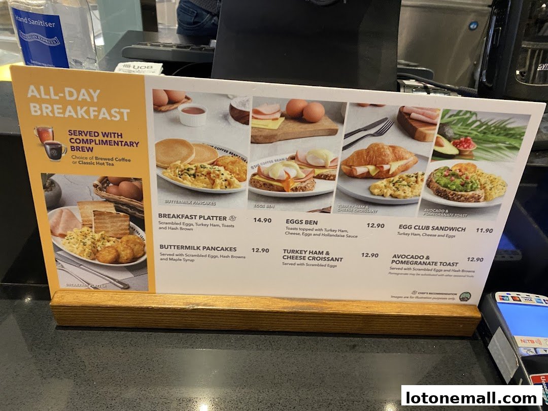 A menu display for The Coffee Bean & Tea Leaf's all-day breakfast options.