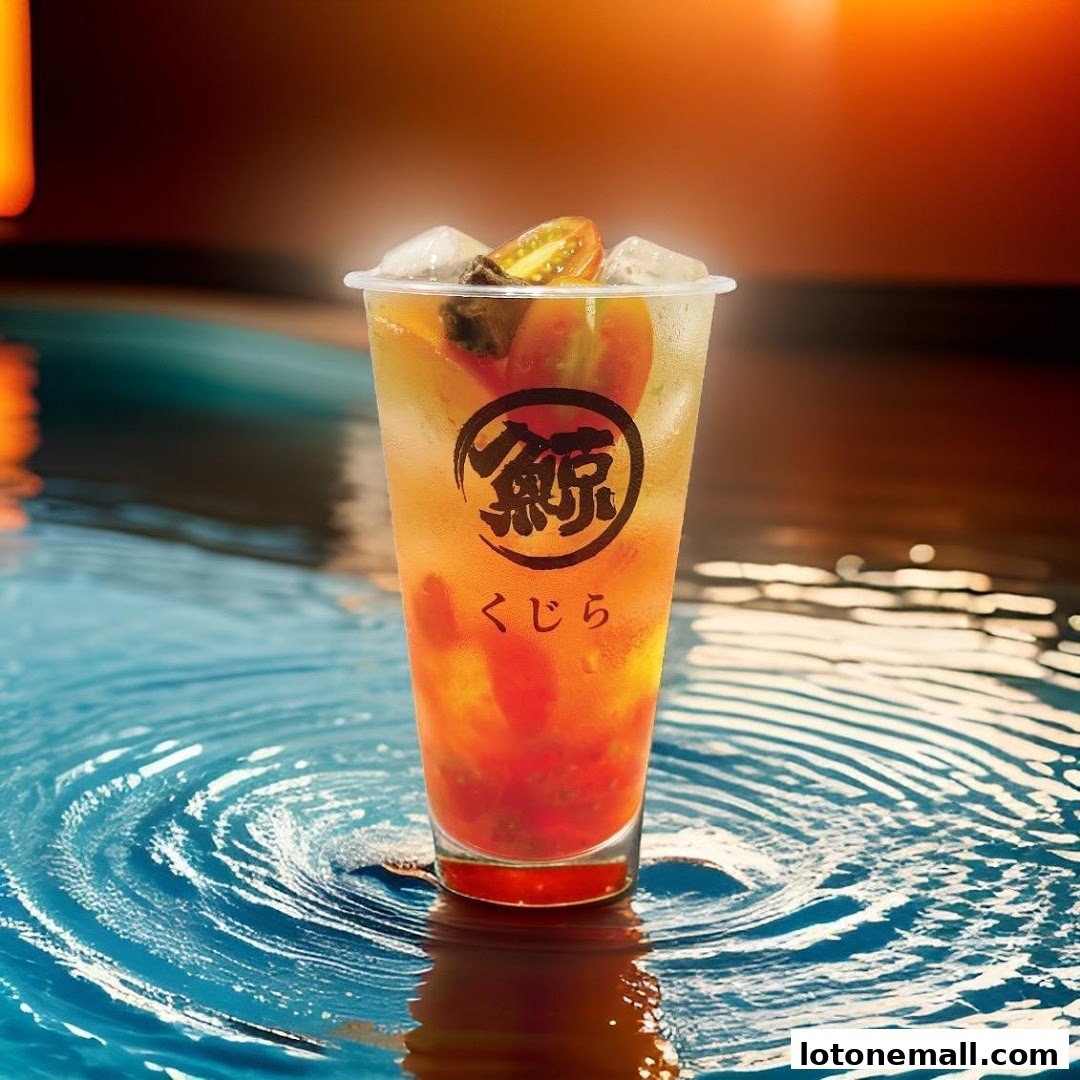 A refreshing drink with fruit and ice, presented in a clear cup with branding.