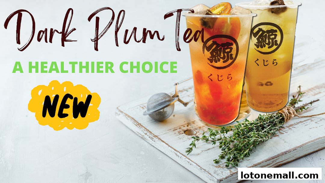 Two refreshing fruit teas, one dark plum and one golden, are displayed with fresh herbs.