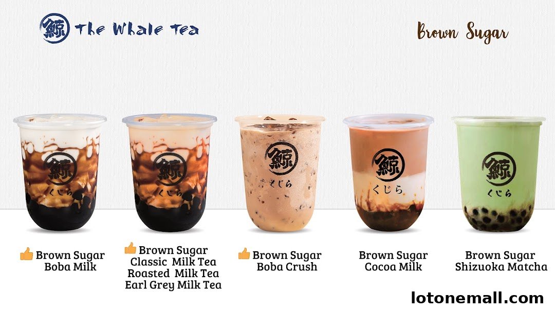 A selection of five different brown sugar flavored milk teas from The Whale Tea.