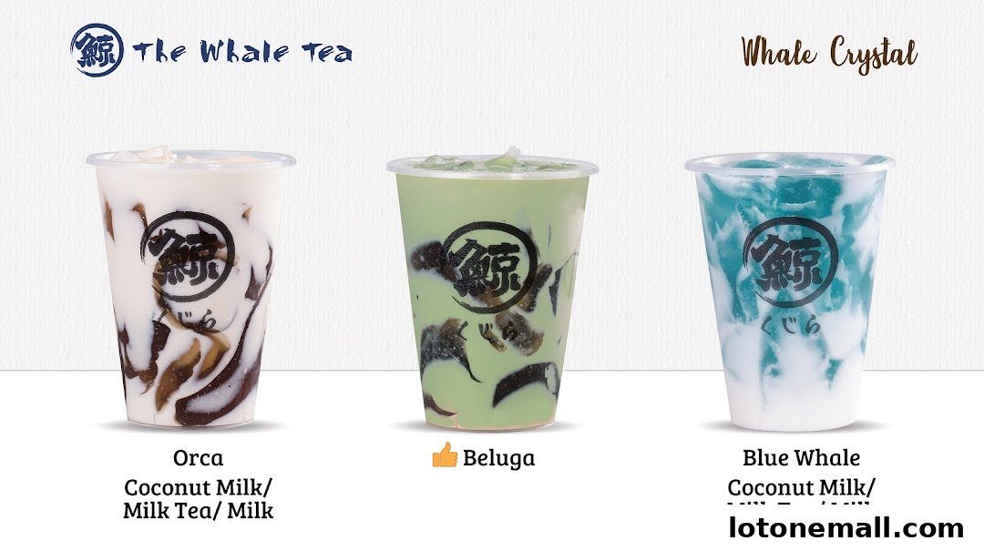 Three colorful bubble tea drinks from The Whale Tea, showcasing different flavors and ingredients.