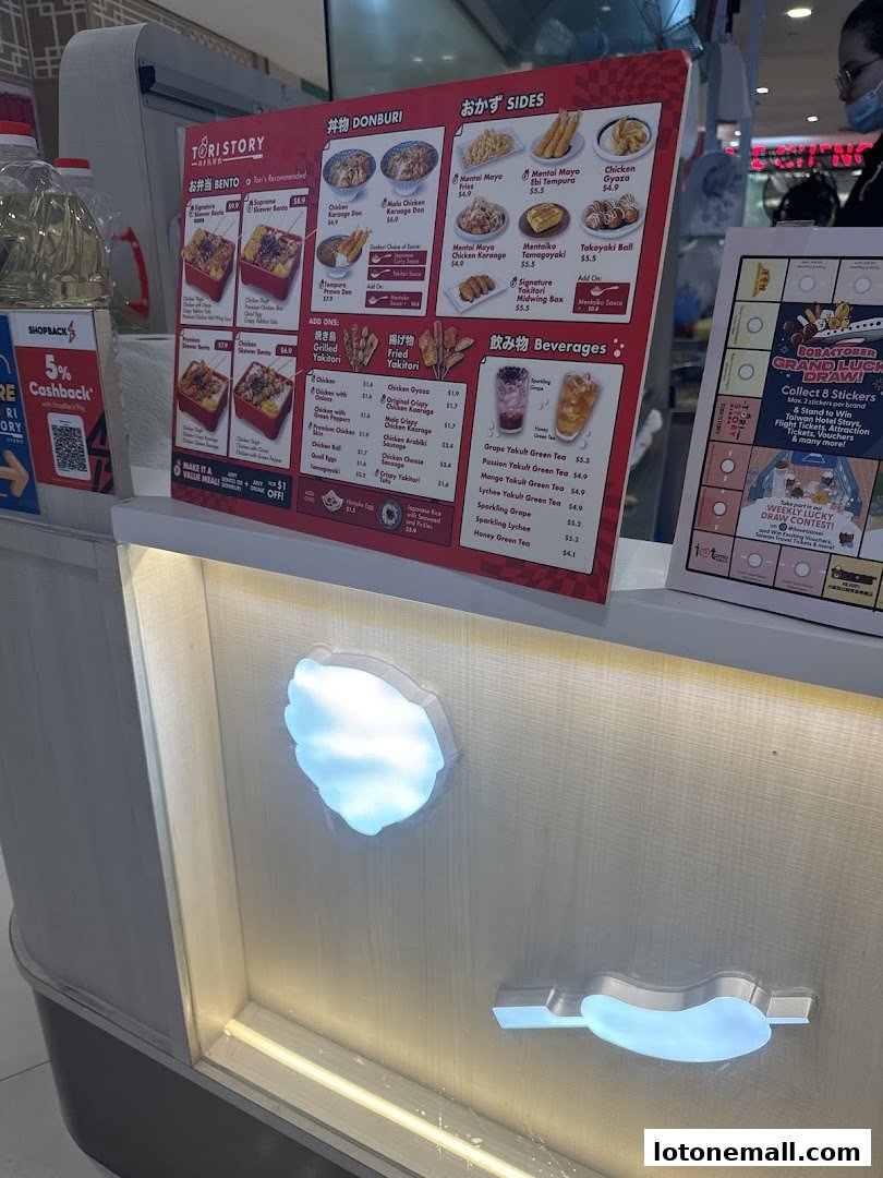 A menu board for Tori Story, featuring Japanese street food like Donburi, Yakitori, and beverages.