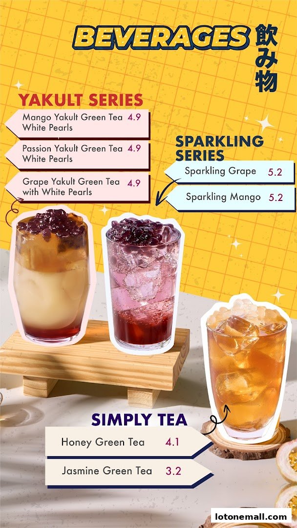 A menu showcasing various Yakult, Sparkling, and Simply Tea beverages with prices.