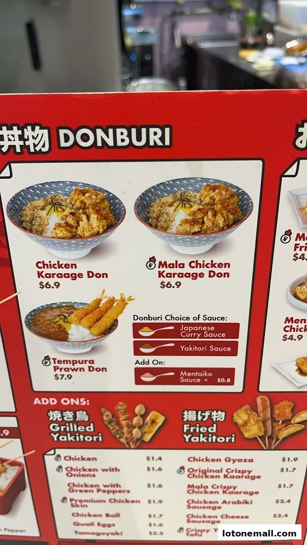A menu board displays various Japanese Donburi dishes and Yakitori options with prices.