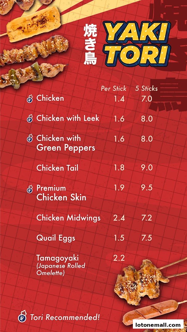 A menu for Tori Story Yakitori, featuring various chicken skewers and other Japanese street food items.