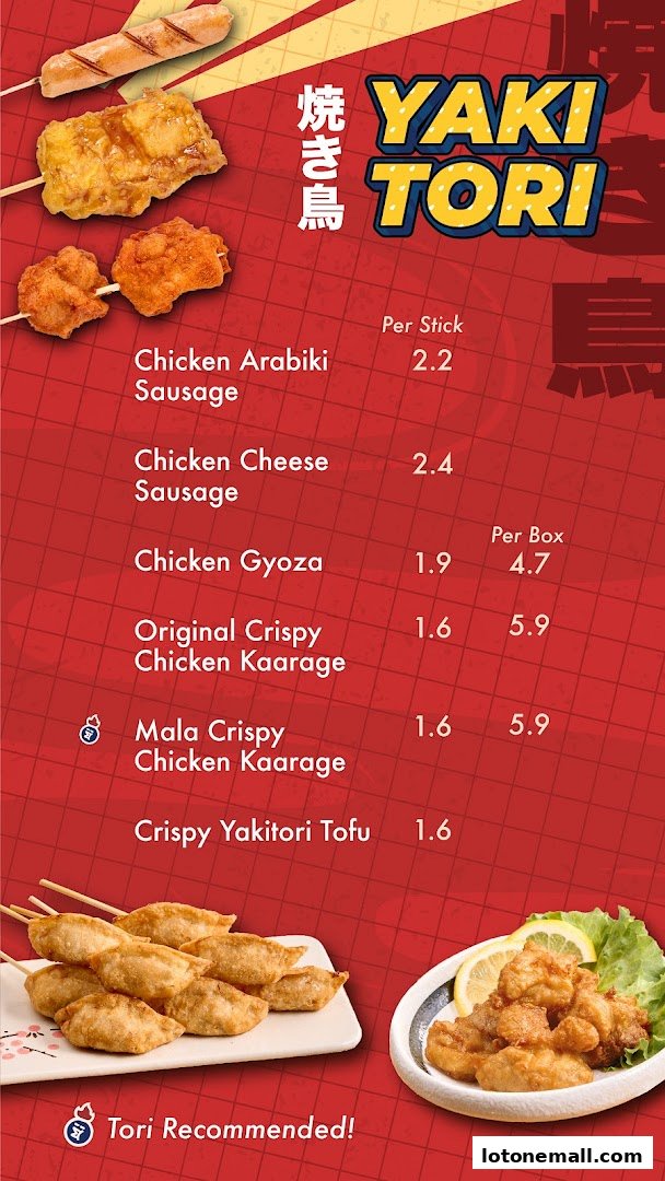 A menu for Tori Story Yakitori featuring various chicken and tofu skewers with prices.