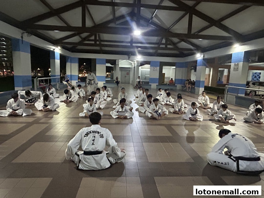 A group of people in Taekwondo uniforms practicing in an open-air pavilion.