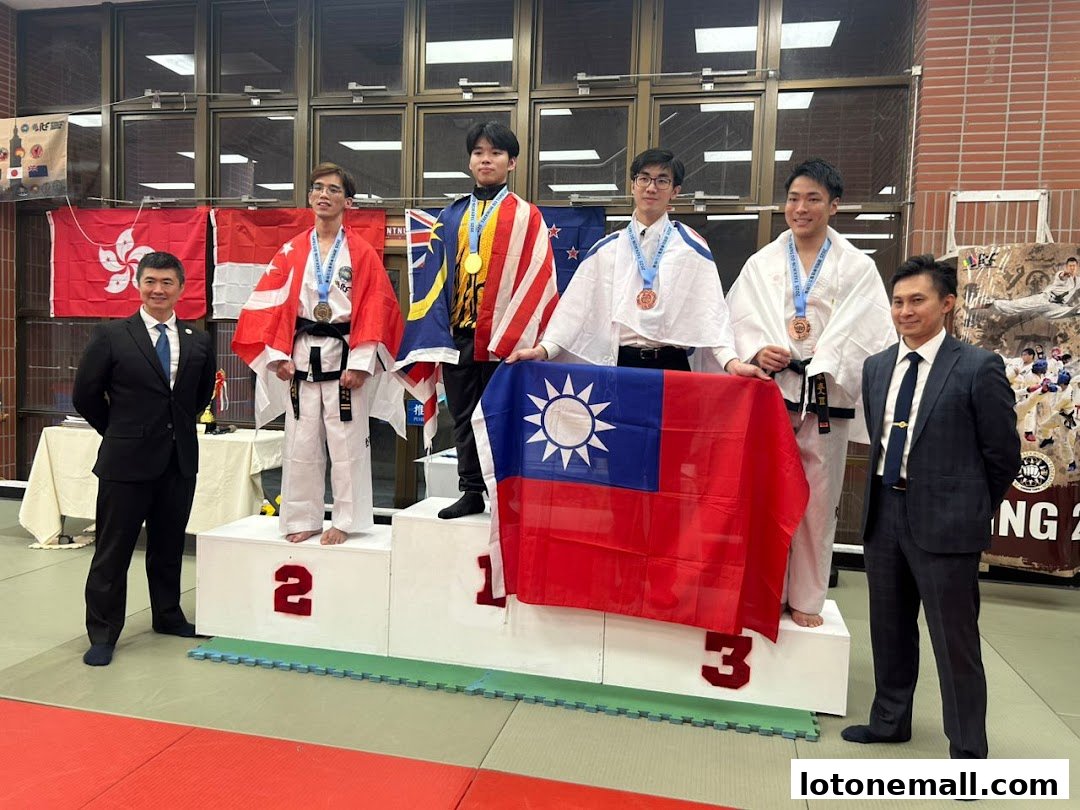 Athletes and officials on a podium with national flags and medals.