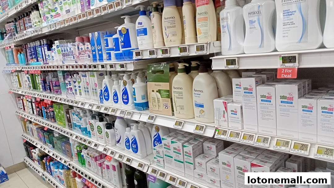 Shelves stocked with various skincare and body care products, including lotions and cleansers.