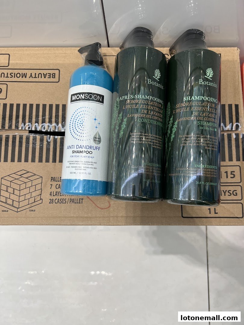 Three bottles of shampoo and conditioner, one anti-dandruff and two lavender oil control.