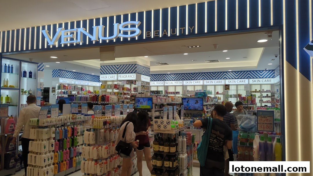 The entrance of Venus Beauty shop, showcasing a wide variety of beauty and personal care products.