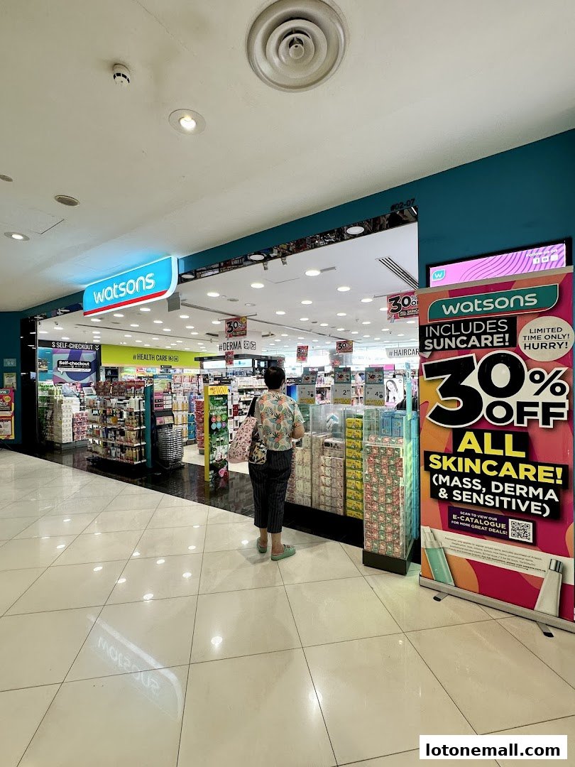 A Watsons store with a promotional banner for 30% off all skincare.