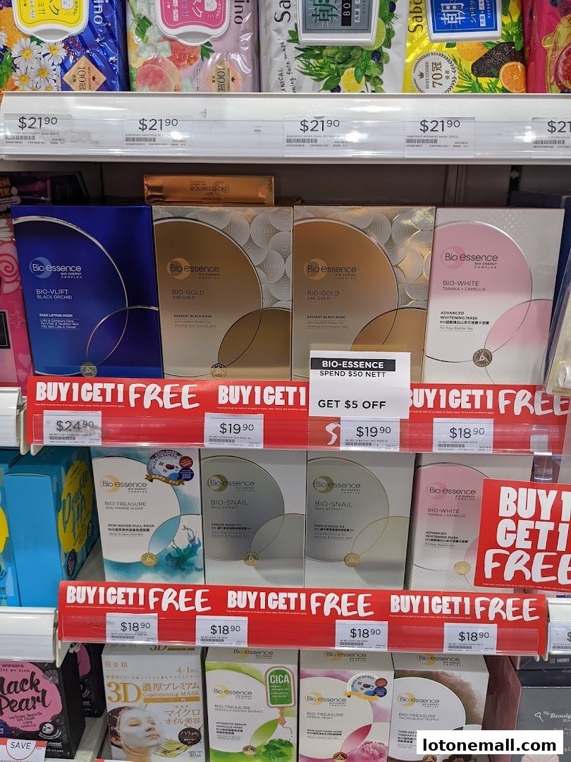 Shelves stocked with various facial masks, featuring promotions like 'Buy 1 Get 1 Free'.