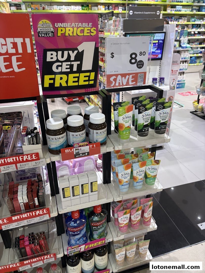 A display of health and beauty products with 'Buy 1 Get 1 Free' promotions.