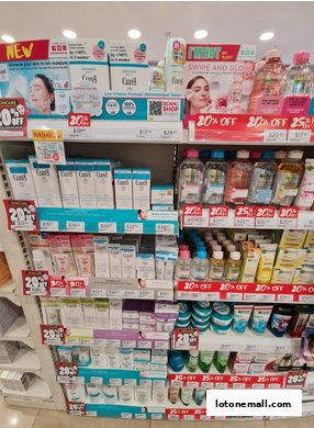 Shelves stocked with various skincare products, many with '20% OFF' signage.