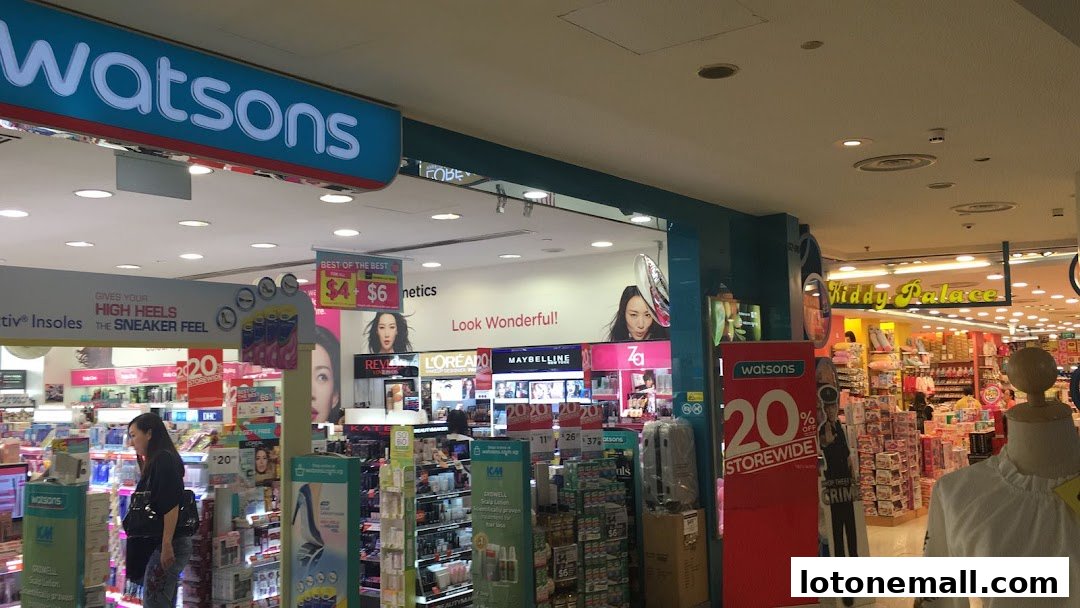 Watsons store interior with beauty products and promotions, adjacent to Kiddy Palace.