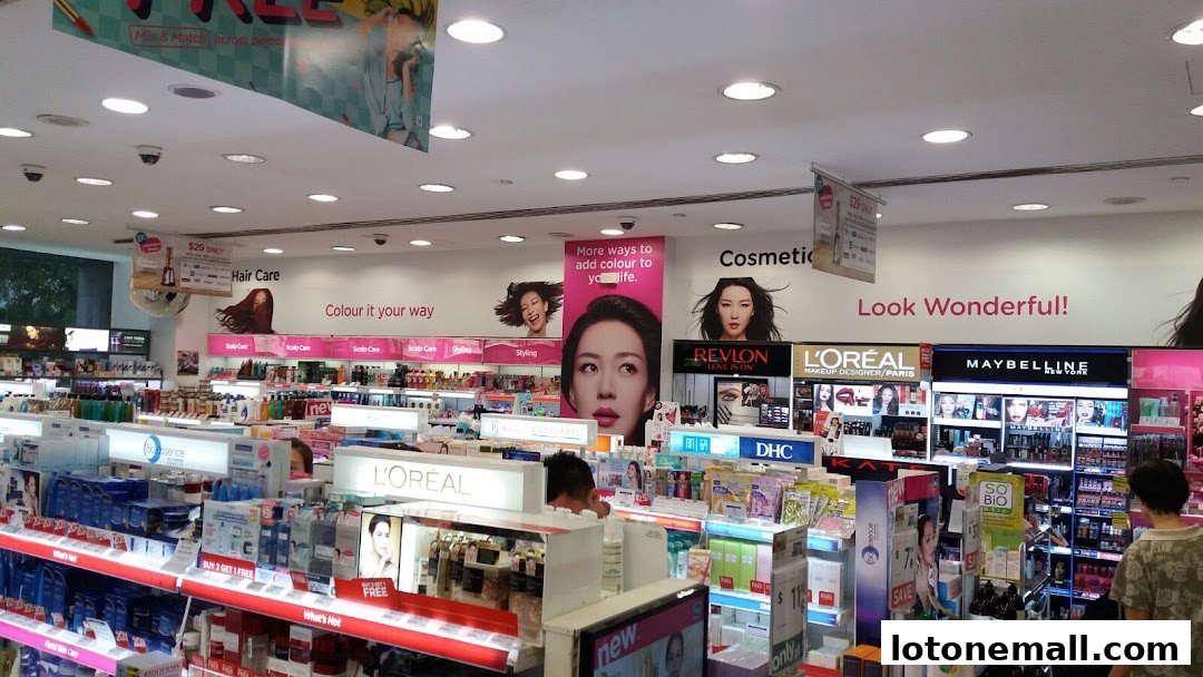 Interior view of a Watsons store showcasing a wide array of cosmetics and hair care products.