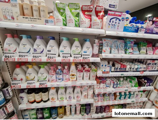 Shelves stocked with various personal care products, including body wash, lotions, and sanitizers.