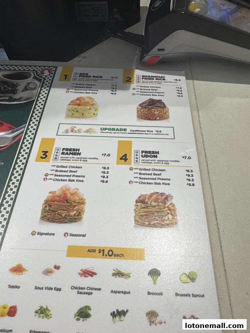 A menu from Wok Hey showing various noodle and rice dishes with prices and ingredients.