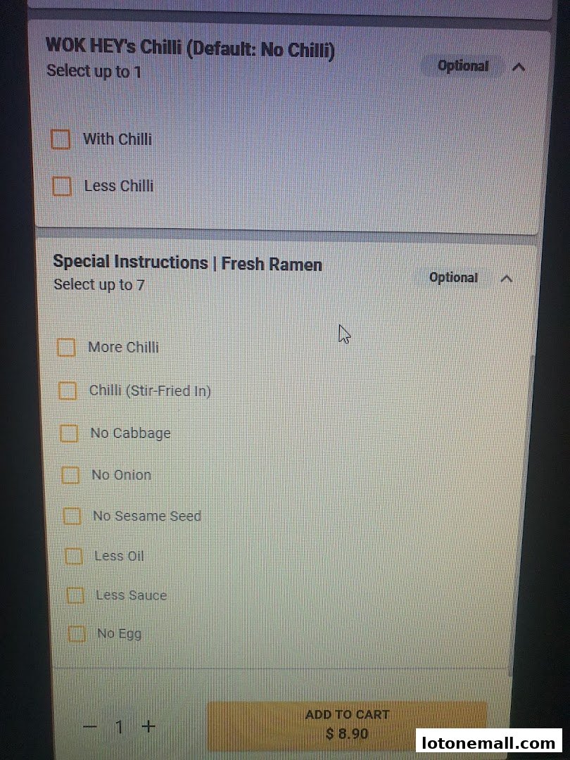 Customization options for Wok Hey's Fresh Ramen, including chilli levels and special instructions.