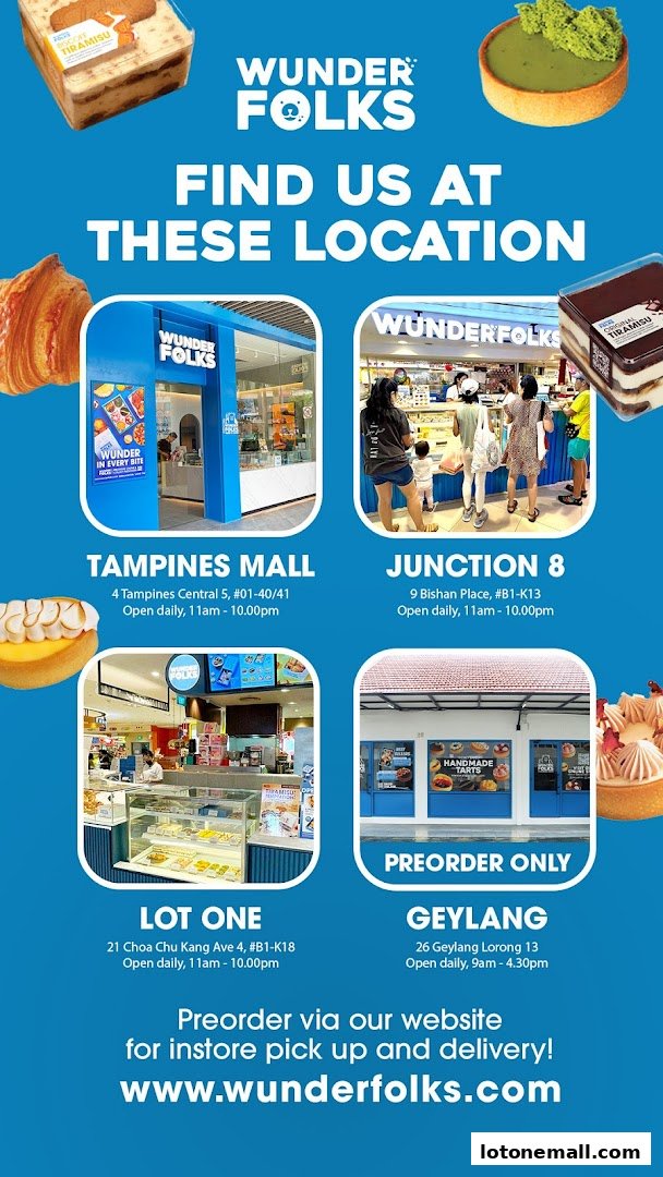 A promotional poster for Wunderfolks Handmade Tarts, showcasing their locations and products.