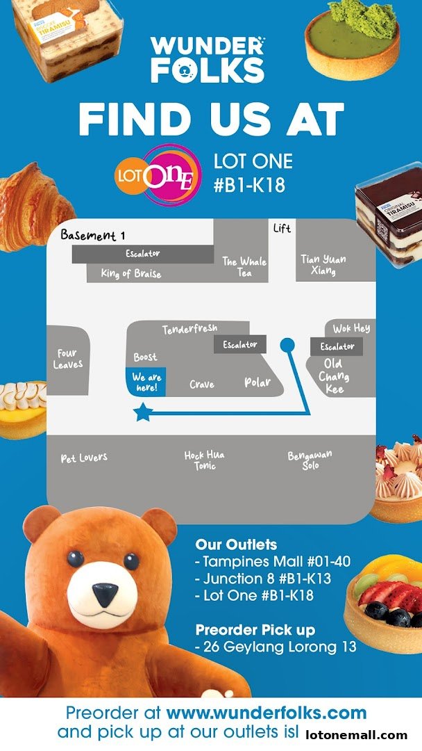 A map showing how to find Wunderfolks at Lot One, with images of tarts and a teddy bear.