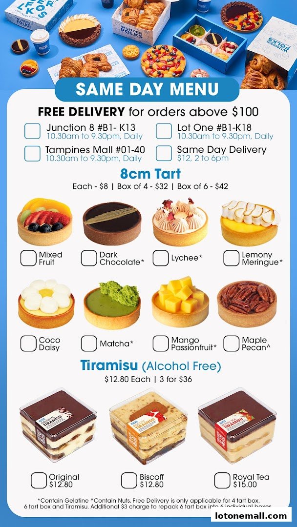 A menu showcasing various tarts and tiramisu from Wunderfolks, with prices and delivery information.