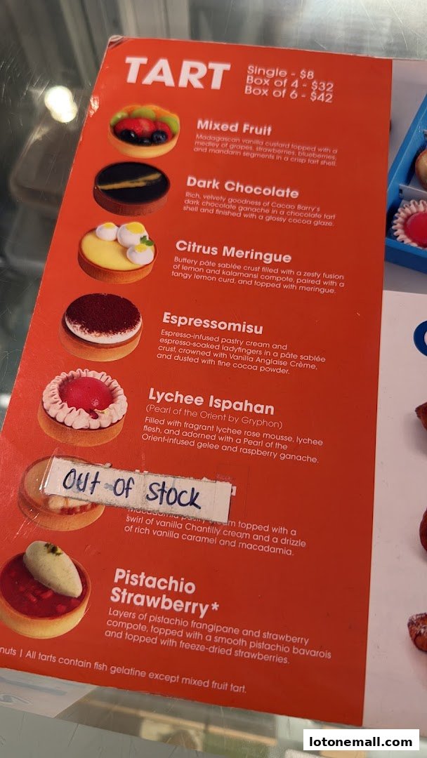 A menu displaying various handmade tarts with descriptions and prices.