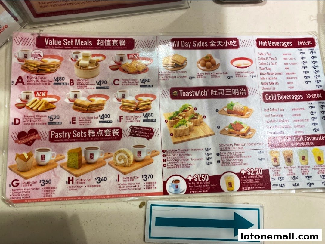 A menu from Ya Kun Kaya Toast featuring value set meals, all-day sides, toastwiches, and beverages.
