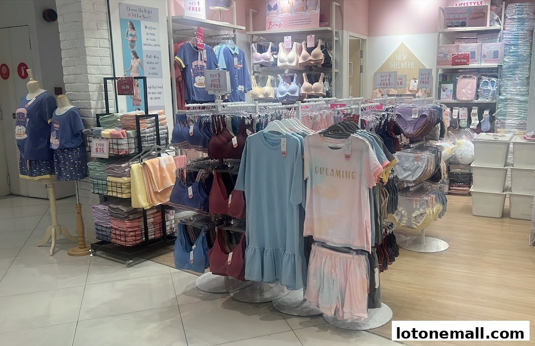 Interior view of a Young Hearts store showcasing pajamas, bras, and underwear.