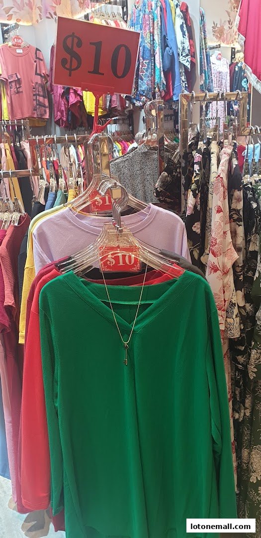 A display of colorful women's tops and dresses, with a prominent '$10' sale sign.