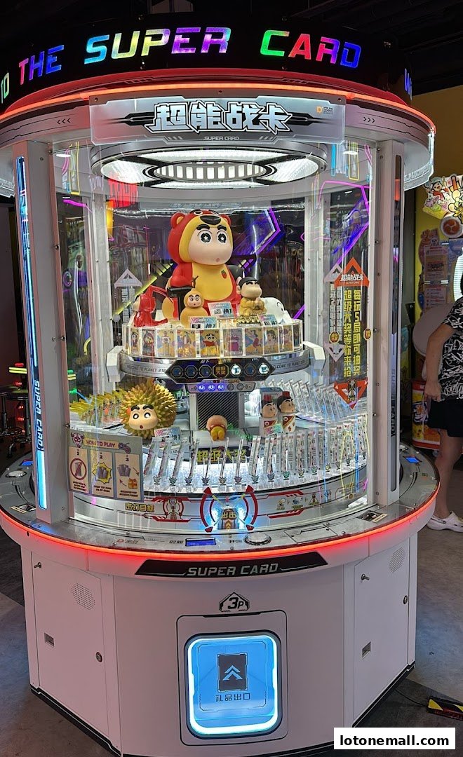 A colorful arcade claw machine filled with plush toys and collectible cards.
