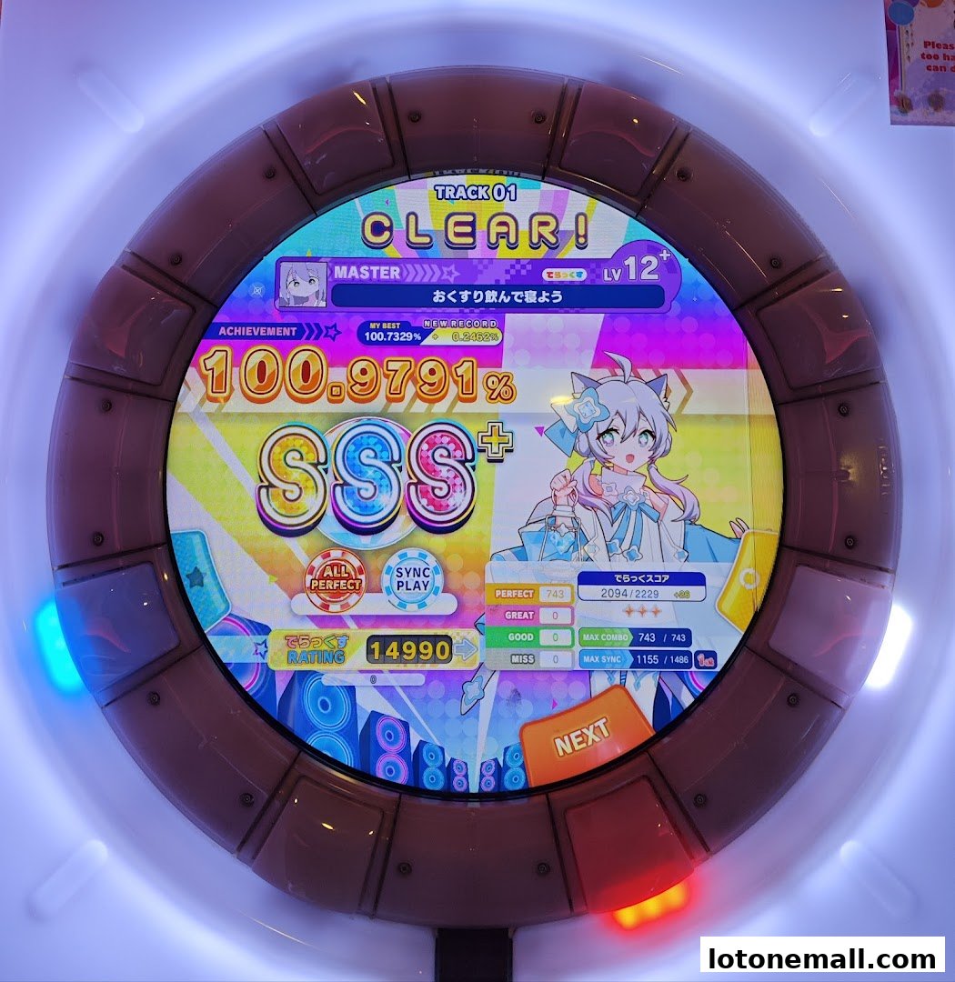 A close-up of a colorful arcade game screen showing a high score and game results.