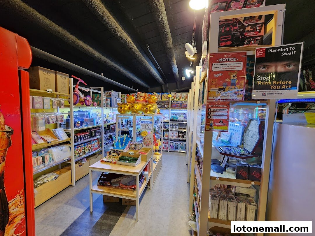 Interior view of a retail shop filled with various toys, gifts, and novelty items on shelves.