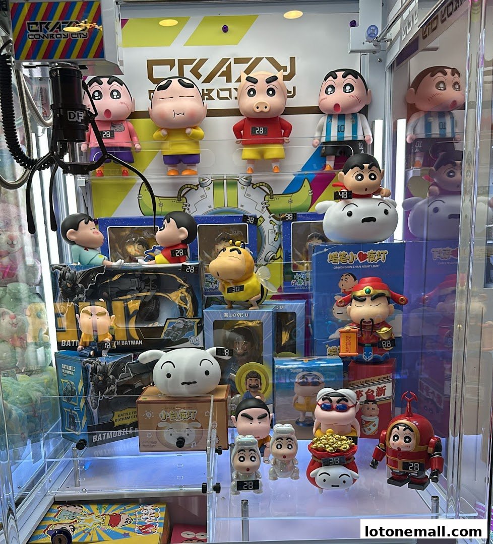 A claw machine filled with various anime character figures and plush toys.